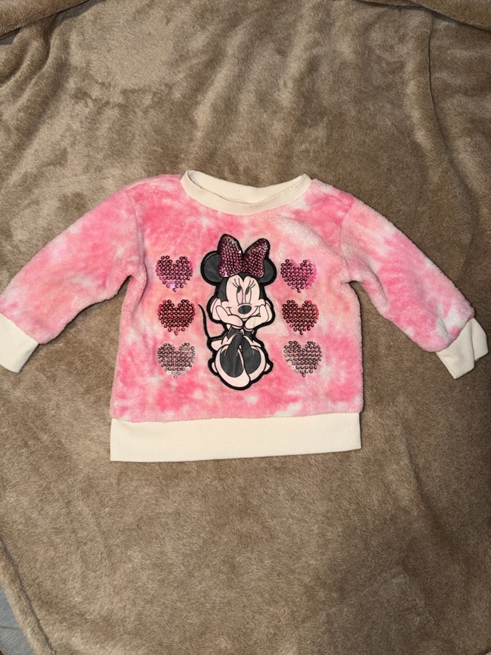 Disney Pink Minnie Mouse Plush Pullover Sweatshirt with Sequin Hearts
